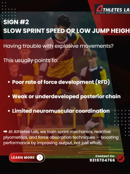 Sign #2: Slow sprint speed or low jump height. This usually points to a poor rate of force development (RFD) or a weak posterior chain. We train sprint mechanics and reactive plyometrics to improve output, not just effort.