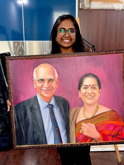 Here I am with a completed family portrait. It's an honor to be trusted with creating these important heirlooms for my clients.