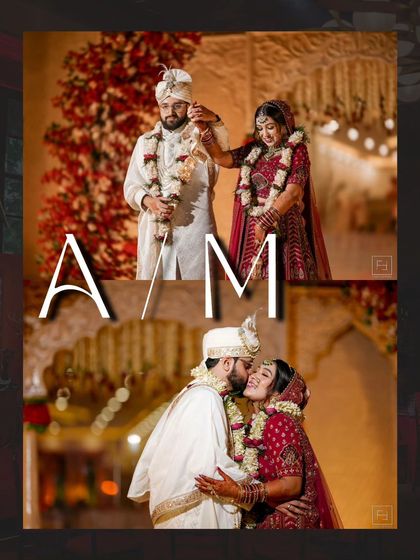 A collage celebrating the union of Astha and Mayank. It juxtaposes the formal varmala ceremony with a sweet, spontaneous kiss, telling a story of both tradition and personal affection.