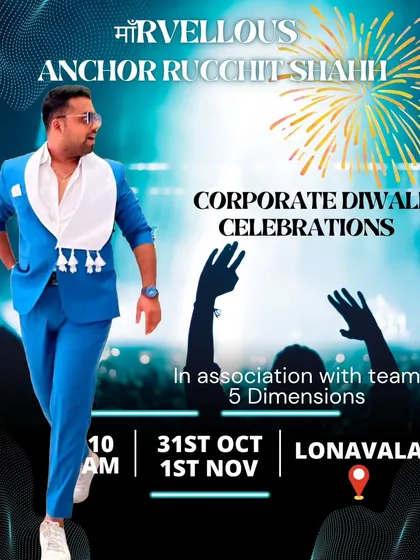 A poster for a corporate Diwali celebration in Lonavala. I host all kinds of festive corporate events, bringing the same high energy to each one.