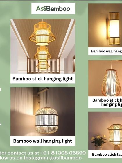 An announcement of our new collection of bamboo lights. This collage features new designs for wall hanging lights, stick hanging lights, and table lights, showcasing our continuous innovation in sustainable lighting.