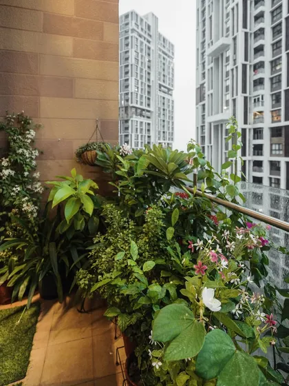 A balcony in a city duplex transformed into a green oasis, providing a tranquil escape from urban life.