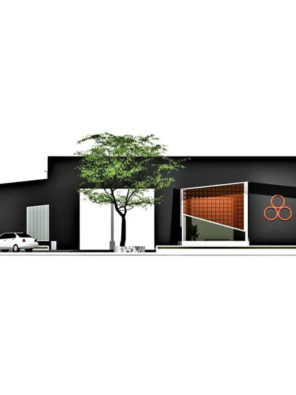 An elevation view from our initial 3D model, used to finalize the building's proportions and material palette. This view clearly shows the integration of the office block with the larger warehouse structure.
