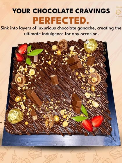 Your chocolate cravings, perfected. This square chocolate slab cake is topped with Ferrero Rocher, KitKat, fresh strawberries, and chopped nuts, creating the ultimate indulgence for any occasion.