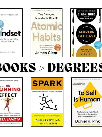 A graphic of book covers with the title "BOOKS > DEGREES." A list of book recommendations that offer learning beyond formal education.