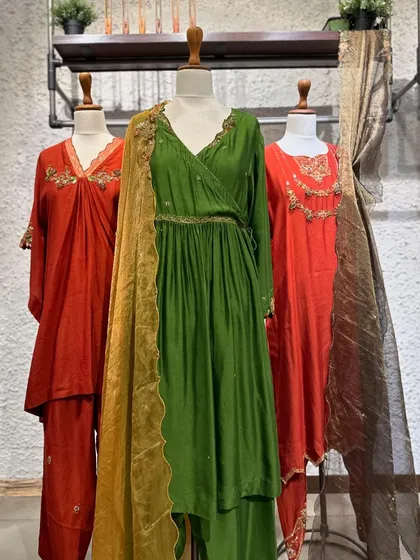 I love pairing earthy greens and rustic oranges. These anarkali and straight-fit kurtas are perfect for those who prefer a more grounded yet festive color palette.