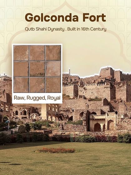 Inspired by Golconda Fort, this tile has a raw, rugged, and royal feel. Its weathered stone texture reflects the ancient, formidable walls of the 16th-century Qutb Shahi dynasty fortress.