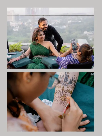 The art of mehndi. We capture not just the intricate design on the bride's arm, but also the relaxed, happy atmosphere of the mehndi party.
