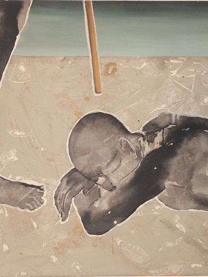 A piece from G.R. Iranna's 2007 series, 'Awakening of the Conscience.' This powerful painting depicts the guru as an illusion, symbolized by the half-standing figure, while the shishya prostrates at the guru's feet, capturing the profound dynamics of their relationship.