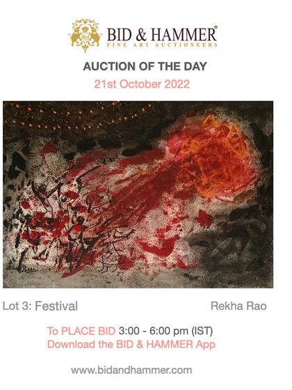 These images are various promotional materials for 'The Diwali Sale'. They showcase the different artworks by Rekha Rao that were available and provide clear details on how to register and bid in the timed online auction.