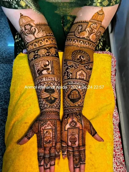 A unique design incorporating religious and personal symbols, including "Shubh Vivah," Ganesha, and a kalash, alongside traditional Rajasthani motifs.