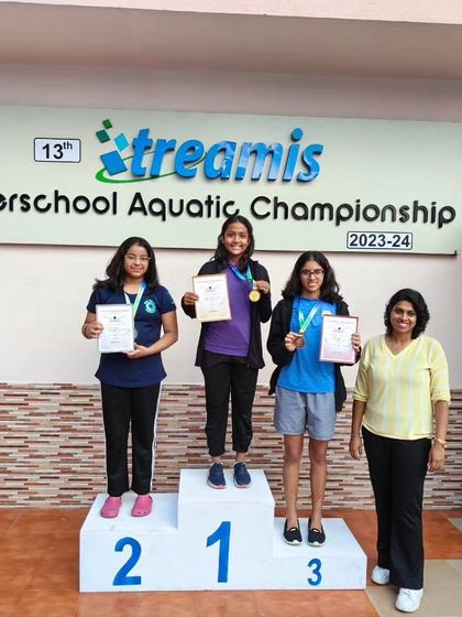 On the podium! It's a great feeling to see our swimmers' efforts rewarded. These girls raced hard and earned their spot at the top in a competitive inter-school meet.