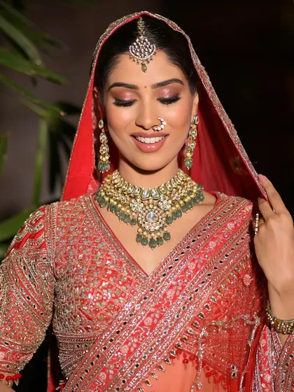A close-up showcasing the intricate details of a bridal choker set with polki and green stones. This piece is designed to add a touch of regal color and sophistication to your wedding attire.
