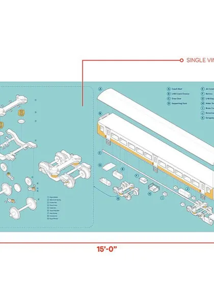 A technical graphic showing the design for a single vinyl wall application in the Stainless Steel Office. This exploded axonometric of a train carriage is one of many bespoke graphics we created to tailor the space.