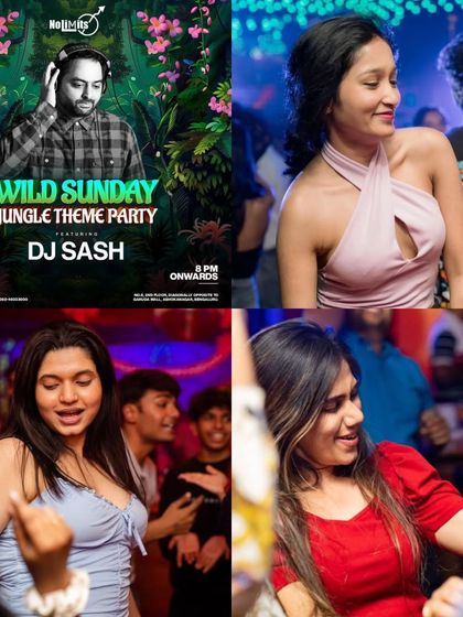 A 'Wild Sunday Jungle Theme Party' collage. It's fun to transform the club into a different world for a night.