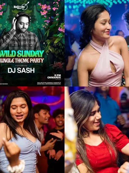 A 'Wild Sunday Jungle Theme Party' collage. It's fun to transform the club into a different world for a night.