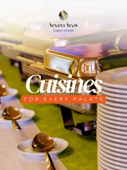 Cuisines for Every Palate. This image of our elegant buffet setup, with gleaming chafing dishes and stacked plates, represents our promise of variety and quality.