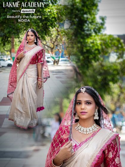 Our students learn to create a variety of bridal looks, like this elegant bride in a cream and pink saree, perfect for a daytime wedding.