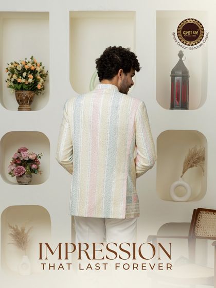 Impression that last forever. A back view of the pastel-striped Indo-Western jacket, showing the continuity of the pattern and its flawless tailoring.
