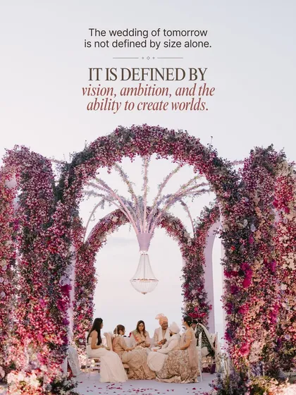 The wedding of tomorrow is not defined by size alone; it is defined by vision. This architectural floral mandap was designed to be a sculpture against the sea, proving that with ambition, we can create entire worlds for you to get married in.