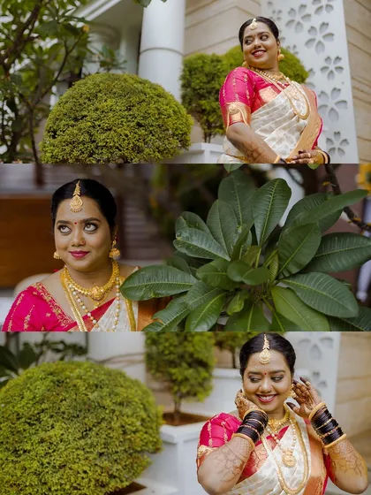 A collage of a bride's portraits on her muhurtham day, capturing her serene moments amidst greenery.