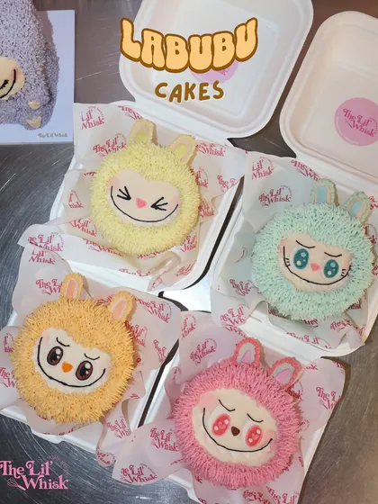 Our entire collection of Labubu lunchbox cakes, featuring four different characters in pastel shades. They are perfect for gifting or collecting.