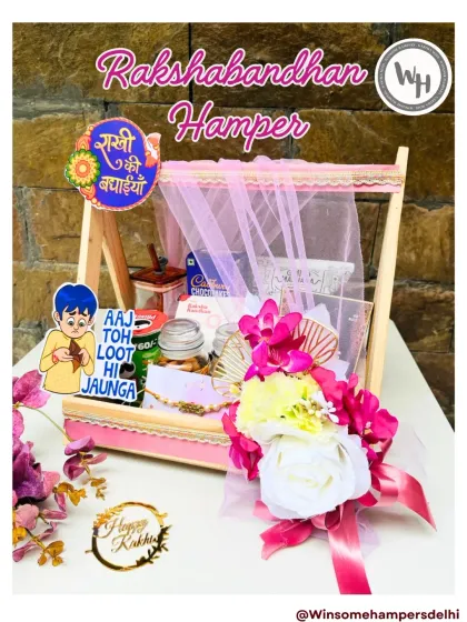 Celebrating the playful bond of siblings with this fun-filled Rakshabandhan hamper. It's packed into a quirky, decorated wooden swing basket and filled with treats and surprises, making it the perfect gift to bring a smile to your brother or sister's face.