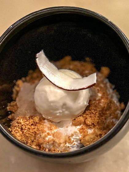 A refreshing coconut-based dessert from our Hosa x Comorin pop-up. This light and tropical dish provided a perfect, cooling finish to a flavorful meal.