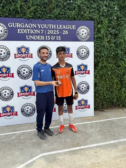 Rajveer Singh receiving the Best Striker award for his outstanding performance in the U13 Gurgaon Youth League.