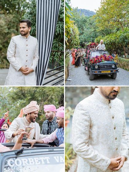 A collage of the groom's baraat, capturing his anticipation and the high energy of his friends and family.