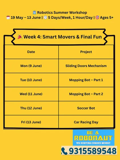 Week 4 of our Robotics Summer Workshop for ages 5+ is all about smart movers and final fun, with projects like mopping bots, soccer bots, and a car racing day.