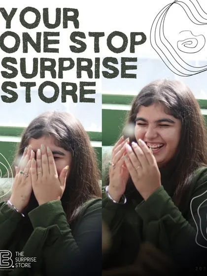 A before-and-after shot of a surprise reveal. From hands covering the eyes to pure, joyful laughter, this is the transformation I love to see.
