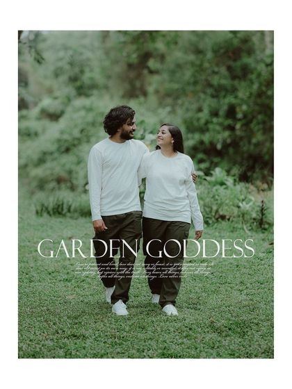 A beautifully designed portrait of the couple walking in a garden, with the title "Garden Goddess."