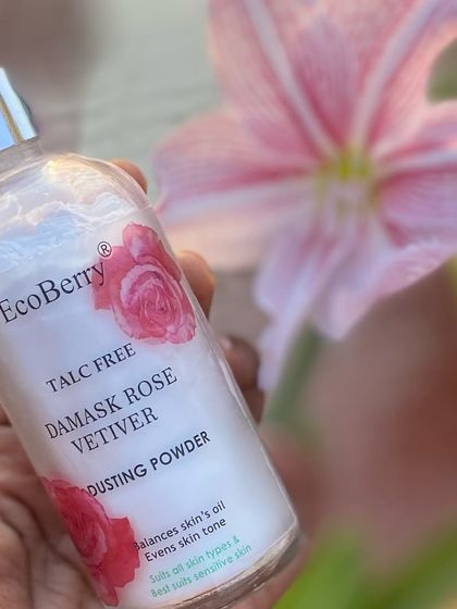 My Talc-Free Damask Rose & Vetiver Dusting Powder balances skin's oil, evens skin tone, and is perfect for daily use.