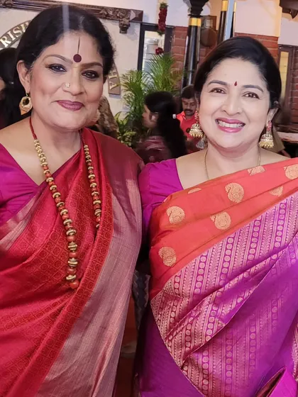 A happy moment with a friend and fellow artist at the Krishna Gana Sabha. The Margazhi season is filled with such warm encounters.