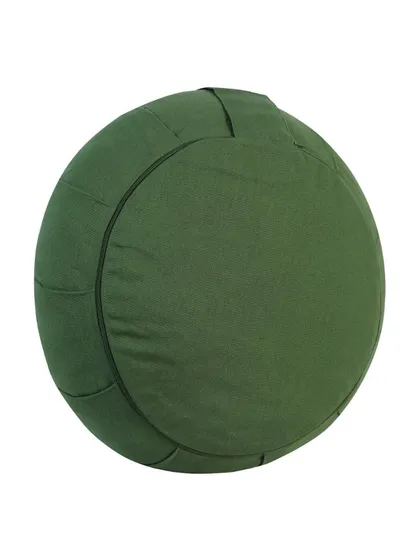 An angled, upright view of the green meditation zafu, showing its texture and form.