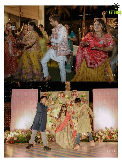Guests of all ages, from parents to kids, enjoying the dance floor and performances at the Haldi celebration.
