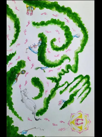 Titled "MARGA," this painting is an impression from Vrindavan, inspired by the Gopala Vimshati. It depicts the maze of the inner Vrindavan, where the bewildered self, like a calf, follows the footsteps of the divine trickster, searching for its master.