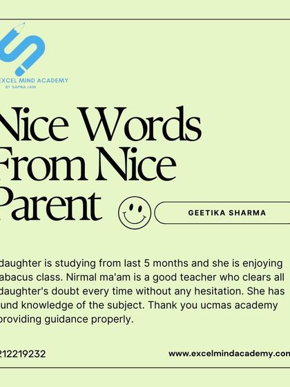 Geetika Sharma shares that her daughter is enjoying the abacus class and appreciates how our teacher, Nirmal Ma'am, clears all her doubts without hesitation.