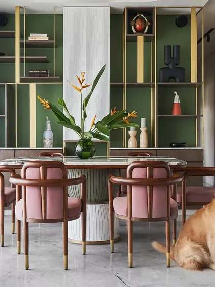 Another angle of the pet-friendly living space, where the family's golden retriever enjoys the open layout. The design balances aesthetic appeal with practical considerations for a home with pets.