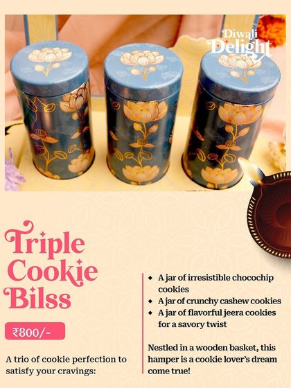 For the cookie lover, our "Triple Cookie Bliss" hamper for Diwali, featuring jars of choco-chip, cashew, and jeera cookies.