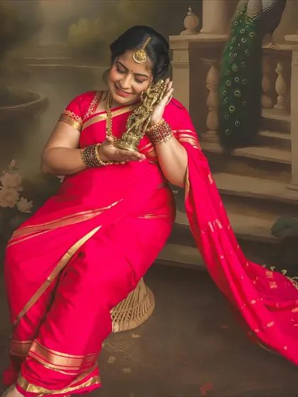 A tender moment with a Krishna idol, adding a spiritual and personal element to this painting-style maternity portrait. The details in the saree and backdrop are just beautiful.