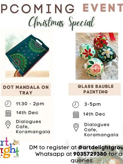 Our Christmas special art workshops are a festive treat. This flyer gives a glimpse into the dot mandala and glass bauble painting sessions we host during the holiday season.
