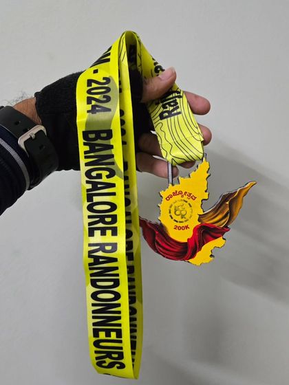The finisher medal for the Rajyotsava 200k BRM, shaped like the state of Karnataka. A beautiful and meaningful memento for all participants.