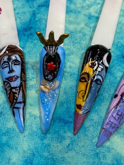 A collection of Maha Shivratri themed nail art, featuring portraits of Lord Shiva and other religious symbols.