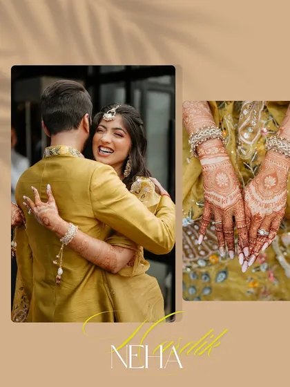 A diptych showing a candid hug between the couple and a detailed close-up of the bride's intricate Mehendi design, telling a story of both emotion and artistry.