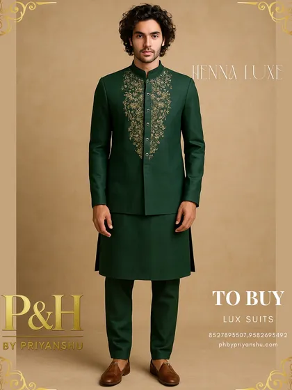 A portrait of the model wearing the dark green embroidered jacket set, exuding confidence and style.