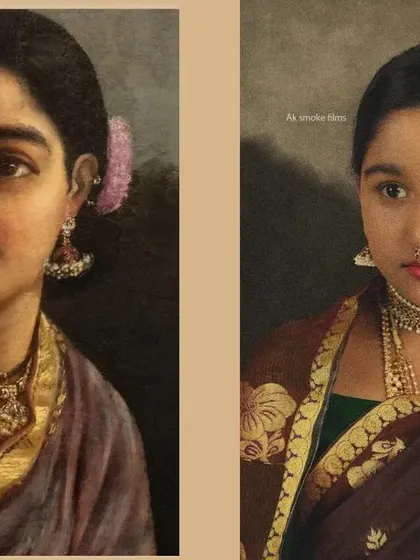 We recreated a classic Raja Ravi Varma painting in this artistic portrait session. This shows our dedication to detail, from the traditional attire and jewelry to the painterly lighting and editing.