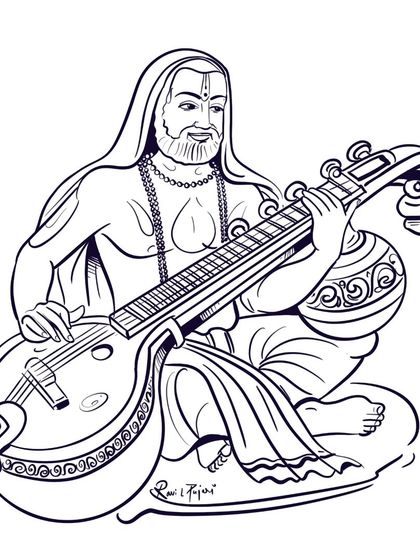 An illustration of Guru Raghavendra Swamy playing the veena. This detailed line drawing is often requested for various uses, including as a design for tattoos, showing deep devotion.
