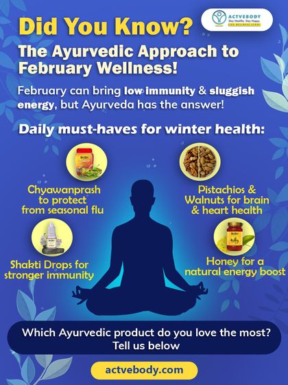 Here is my Ayurvedic approach to February wellness. This image highlights daily must-haves like Chyawanprash to protect from flu, nuts for brain health, Shakti Drops for immunity, and honey for an energy boost.